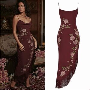 ❤️‍🔥Firm Price❤️‍🔥House of CB ELOISA Wine Embroidered Midi Dress